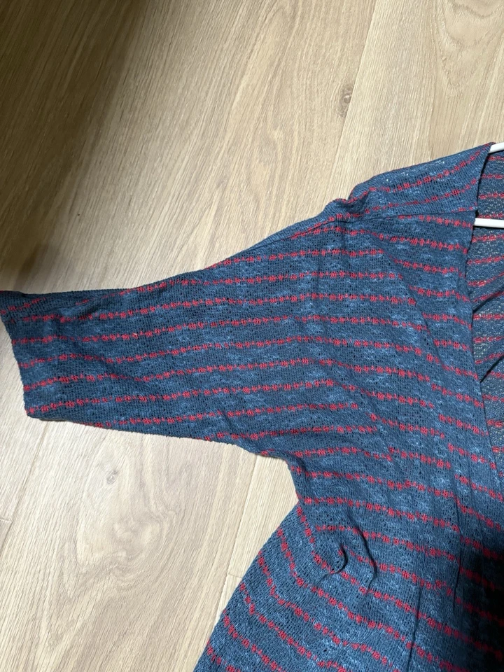 Cárdigan kimono LuLaRoe Lindsay para mujer talla pequeña rojo azul a rayas Foto 3 de 4