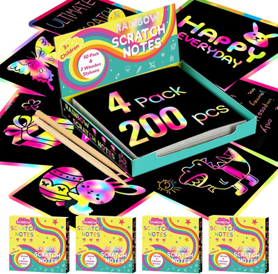 200 PCS Rainbow Scratch Art Mini Notes for Kids Ages 3-12,Arts and Crafts Gifts