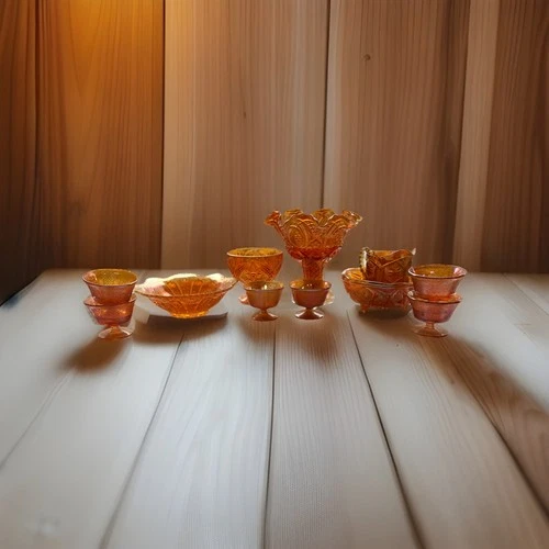 Large Lot Of Marigold Carnival Glass Bowls Cups