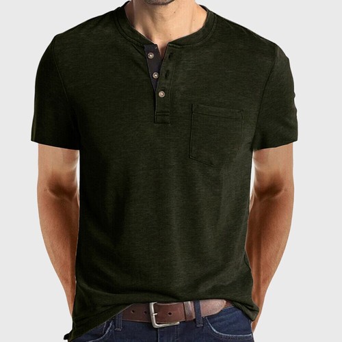 Men Short Sleeve Henley T-shirt Casual Grandad Button V Neck Solid Tee Shirt Top - Picture 23 of 30