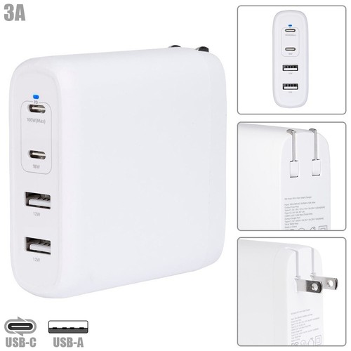 3A 4-Port Wall Charger Fast Charge USB-C USB-A 100W Power Delivery Foldable GaN - Picture 1 of 6