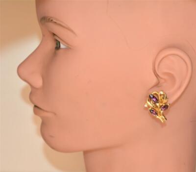 Vtg 50er Signed TRIFARI Trifari Krone Goldfarben Lila Klips-Ohrringe Mit Strass