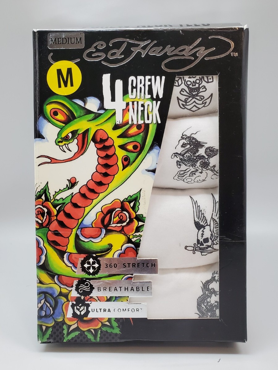 ED HARDY 4 Pack Crew Neck Tees T Shirt Men's Small White Soft