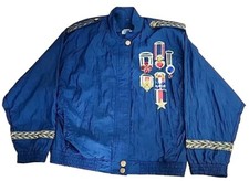 Lavon Vtg 80s Track Jacket Blue Nylon Windbreaker, Geometric Military Ribbon Sm