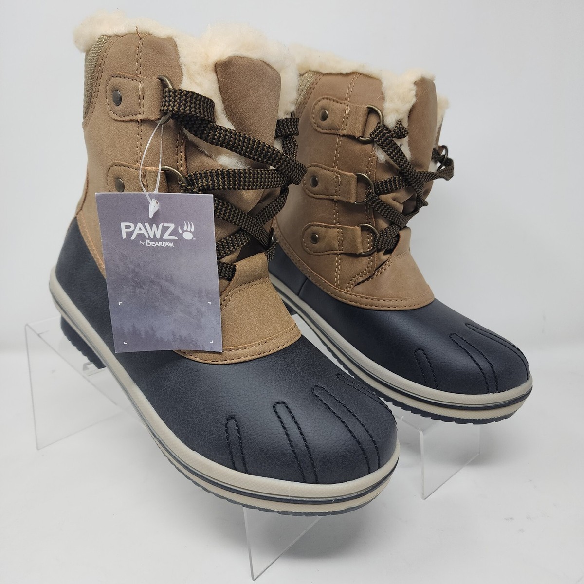 Pawz Winter Boots Womens Brown Ginnie Duck Faux Fur Lace Up Snow Booties