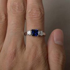 Perfect Princess Cut Vivid Blue Sapphire White Cubic Zirconia Engagement Ring