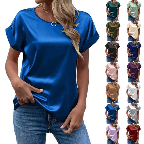 Damen Satin Seide Einfarbig Tunika Top Freizeit Locker Kurz Bluse T-Shirt U ￢ - Bild 1 von 30