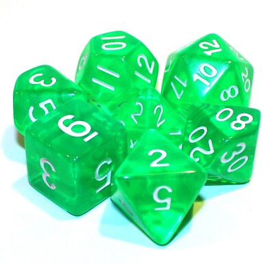 7 Piece Polyhedral Dice Set - Sylvan Spirits Translucent Green - Green Dice Bag