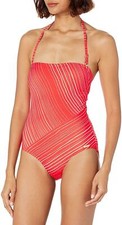 Vince Camuto 277398 Women's Standard Stripe Spliced Bandeau ONE Piece, Poppy, 14
