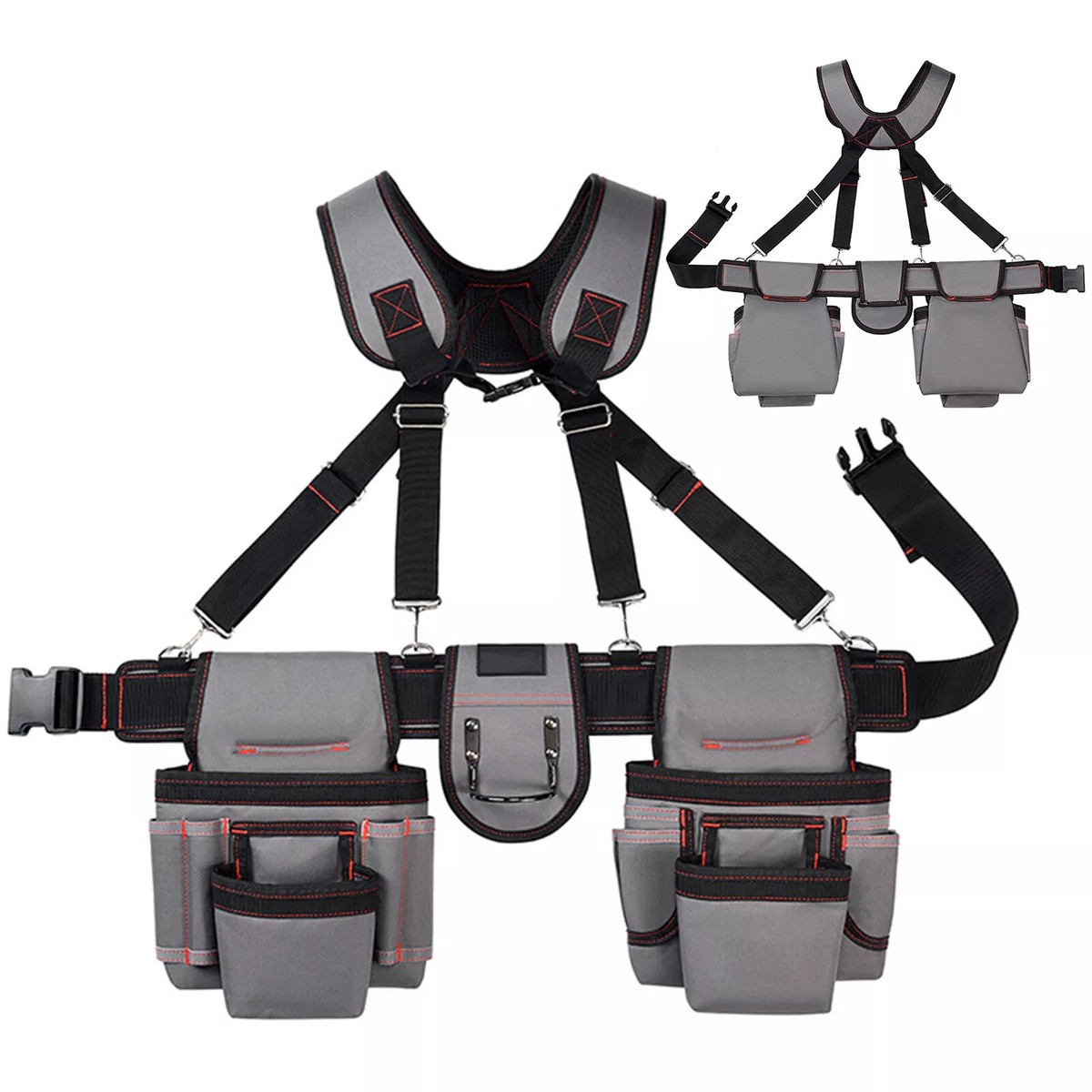 Heavy Duty Tool Belt With Suspenders – Adjustable Electrician Belt With Detachable Pouches For Carpenters, Framers, & Construction