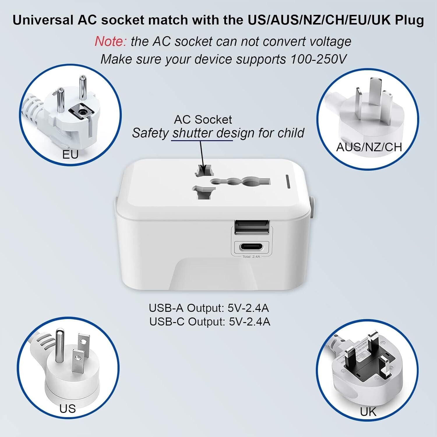 All In One International Travel Adapter Power Wall Plug Converter USB C & USB A