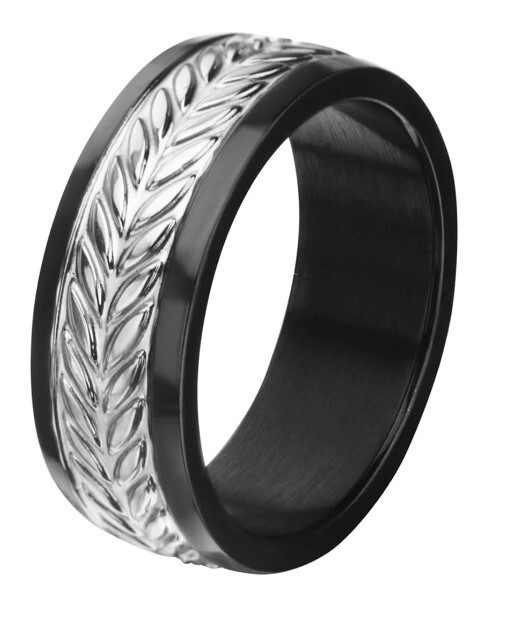 Men's INOX Black & Silver Stainless Steel Leaf Patterned Band Size 10 NEW!