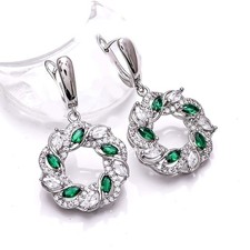 Emerald - Simulated  Cubic Zirconia Gemstone 925 Silver Earring 1.50" E58