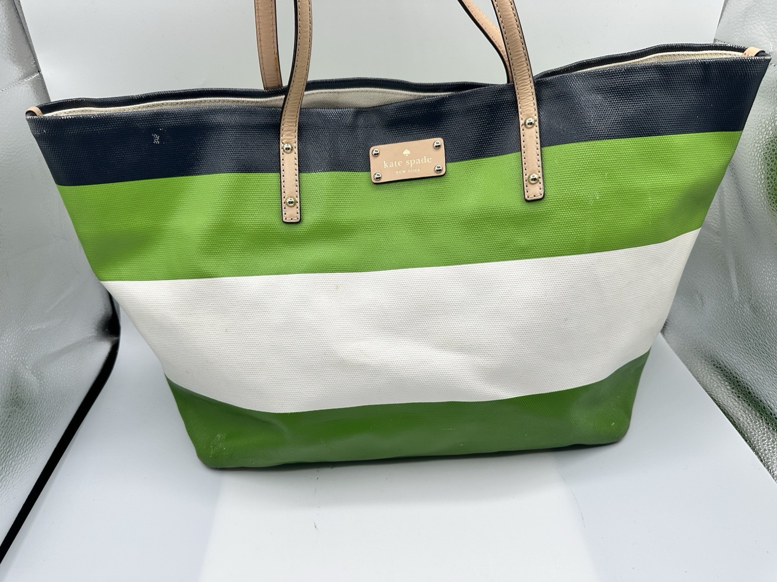 Kate Spade Striped Multicolor Coated Canvas Tan Natural Leather Trim Tote Bag thumbnail 2