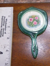 Vintage GREEN Lucite Acrylic HAND MIRROR small 4-1/2" Floral Design USA FREESHIP