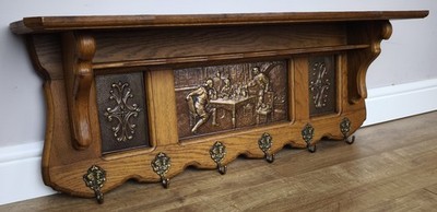 Französische Vintage Garderobe Eiche 6 Haken Wandregal Messingplatte Garderobenbügel LOT 4993