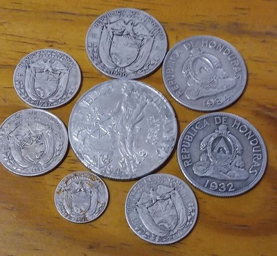 8  CENTRAL  AMERICAN .900 SILVER, PANAMA BALBOAS & HONDURAS LEMPIRA, ~85 Gms. TW