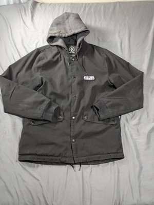 Volcom Jacket Mens Medium Black Hooded Parka Fleece Lined Canvas Coat Winter