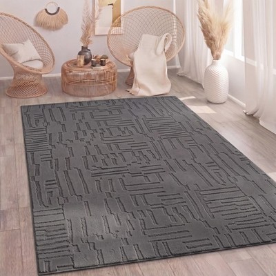 Teppich Wohnzimmer Hochflor Skandi Boho Geometrisch Abstrakt Uni Waschbar Anthra