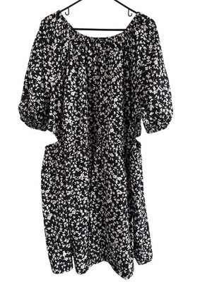 Old Navy Dress Plus Size 3X Floral Waist Defined Puff Sleeve Cutout Black White