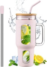 Glass Tumbler with Lid and Straw 46 oz Iced Coffee Cup with Handle Large Bottles