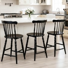 24" Black Windsor Counter Height Bar Stools Set of 3, Farmhouse Wooden Counter