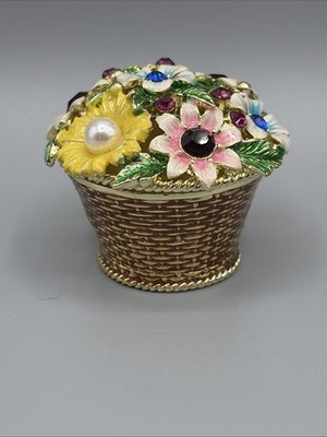 Basket of Flowers Jeweled Crystal Enameled Quality Hinged Magnetic Trinket Box