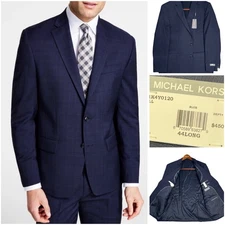 Michael Kors Mens Classic fit Suit Jacket Blazer 44L Navy Blue Plaid Stretch New