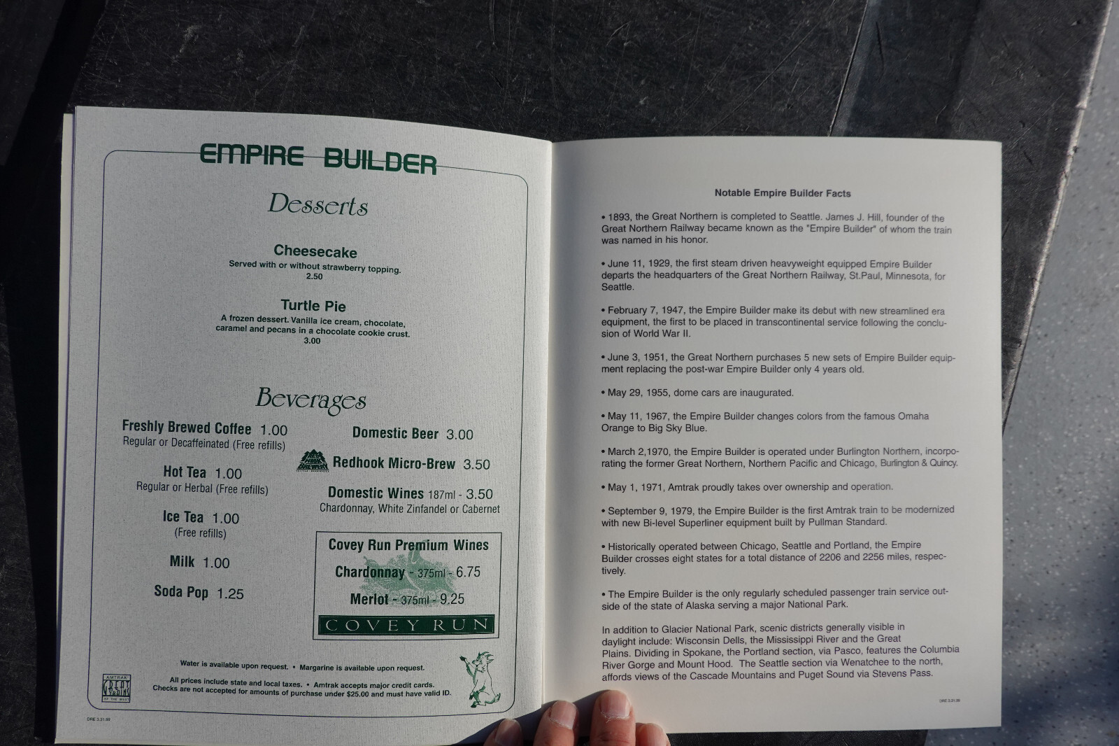 Amtrak Vintage EMPIRE BUILDER 70TH ANNIVERSARY COMMEMORATIVE dining car menu