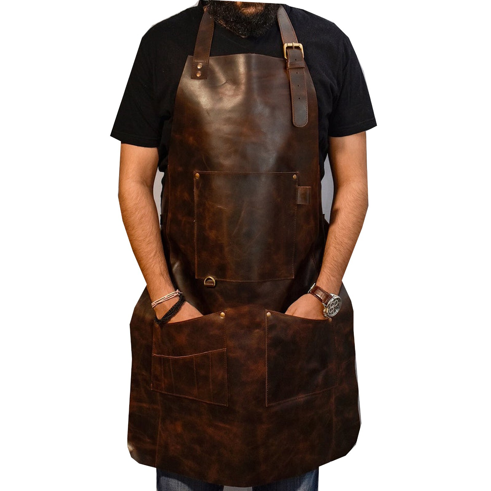 Genuine Leather Work Aprons for Men Brown Adjustable Heavy Duty Blacksmith BBQ
