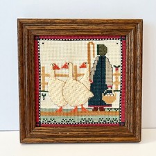 VTG Framed Needlepoint Amish Girl w/ Geese Tending Her Flock Completed