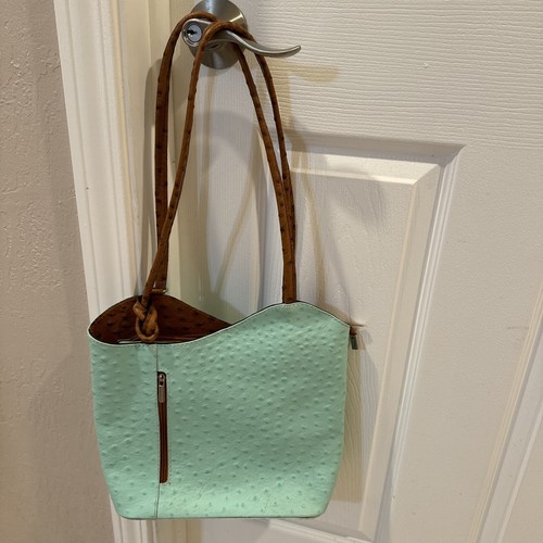 Borse In Pelle Convertible Purse Backpack Genuine Leather Made In Italy Brn/Teal