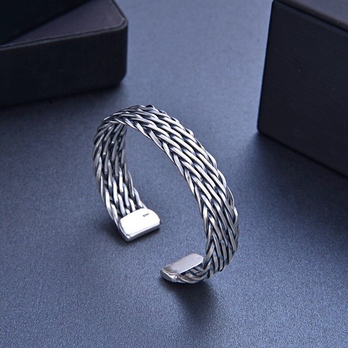 Solid 925 Sterling Silver Mens Heavy Hard Woven Torque Bangle Cuff Bracelet - Picture 2 of 10