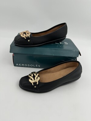 Aerosoles Women Black Big Bet Ballet Flats Flexible Stitch Faux Leather 