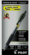 12 Pilot G2-1 RT Gel Rollerball Pens, Bold 1.0mm, Black Ink, 31256, Boxed