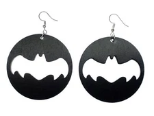 Bat Wood Earrings Miniblings Circle Halloween Comic Superhero Black