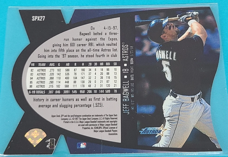 1997 UD SPx    #SPX27 Jeff Bagwell Houston Astros Baseball Card C6 - Image 2 of 2