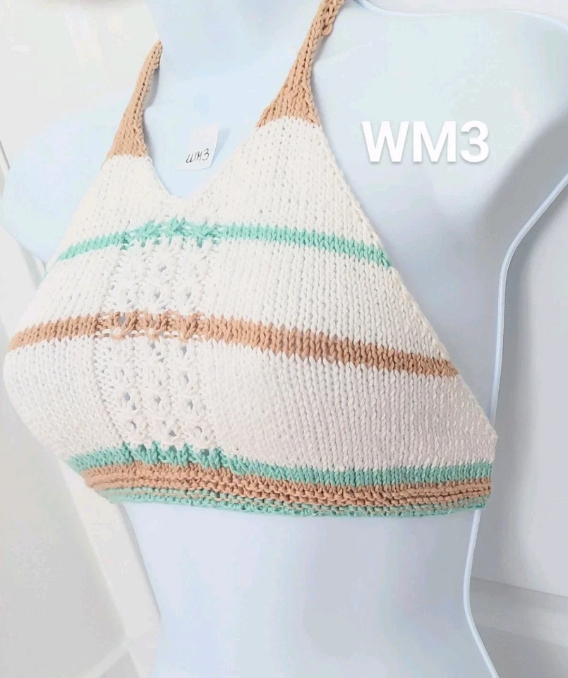 МУЛЬТИ вручную вязаный бюстгальтер богемное пляж бикини с бретелью через шею бак укороченный верхний маленький WM3 - Изображение 3 из 4