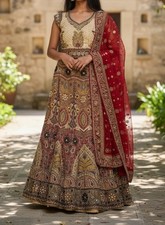 Embroidered Choli Set for Women Red Gold Multi-Color Skirt Dupatta Beads Sequins