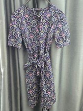 Talbots Poplin Belted Shirt Dress Short Sleeve Scalloped Navy Multi Floral Print