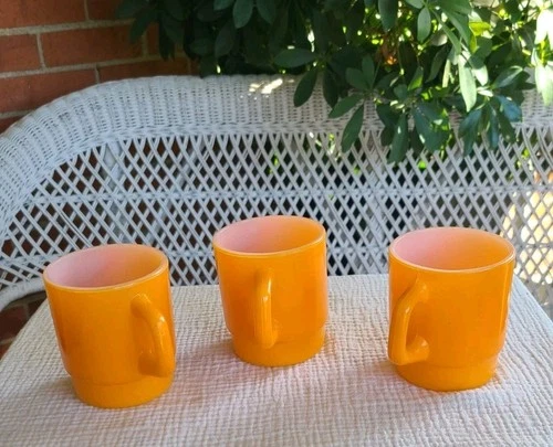 3 Vintage Fire King Anchor Hocking Coffee Mug Orange Stacking Milk Glass Cup 8oz