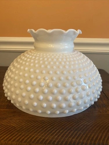 Vintage Milk Glass Crimp Top Hobnail Hurricane Lamp Shade 10" Fitter 7" Tall