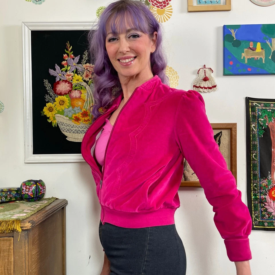 Chaqueta De Terciopelo Rosa Caliente De Colección, Sudadera Fucsia Cremallera Frontal Años 70, Talla S Foto 4 de 4