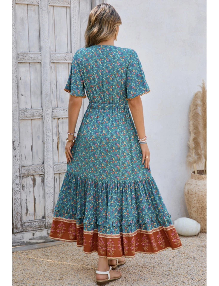 R. Vivimos Women’s Summer Cotton Short Sleeve V Neck Floral Print Long Dress - Image 3 of 4