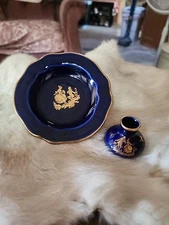 Vintage Limoges France Cobalt Blue Mini Vase & Plate Set 24K Gold Accents 