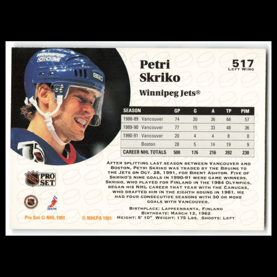 Petri Skriko #517 1991 Pro Set Winnipeg Jets Hockey Card NHL NM - Image 2 of 3