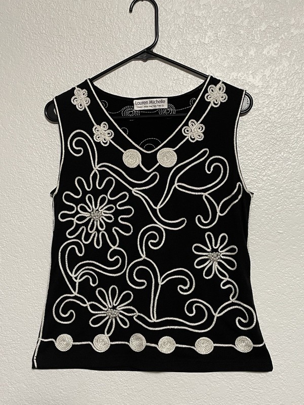 Lauren Michelle Top Black White Silver Soutache Embroidered Sleeveless Jersey