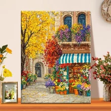 Autumn roadside flower house landscape painting