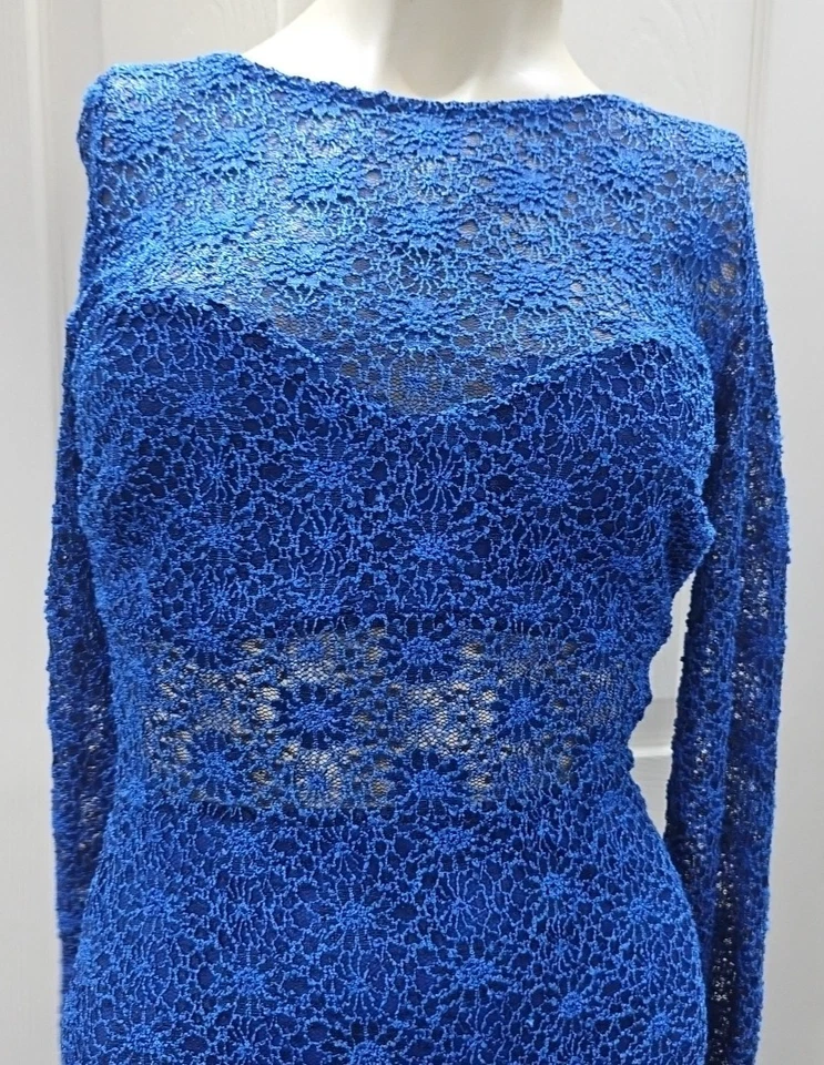 Vestido de cóctel ceñido al cuerpo de encaje de ganchillo azul místico vintage para mujer talla M Foto 3 de 4