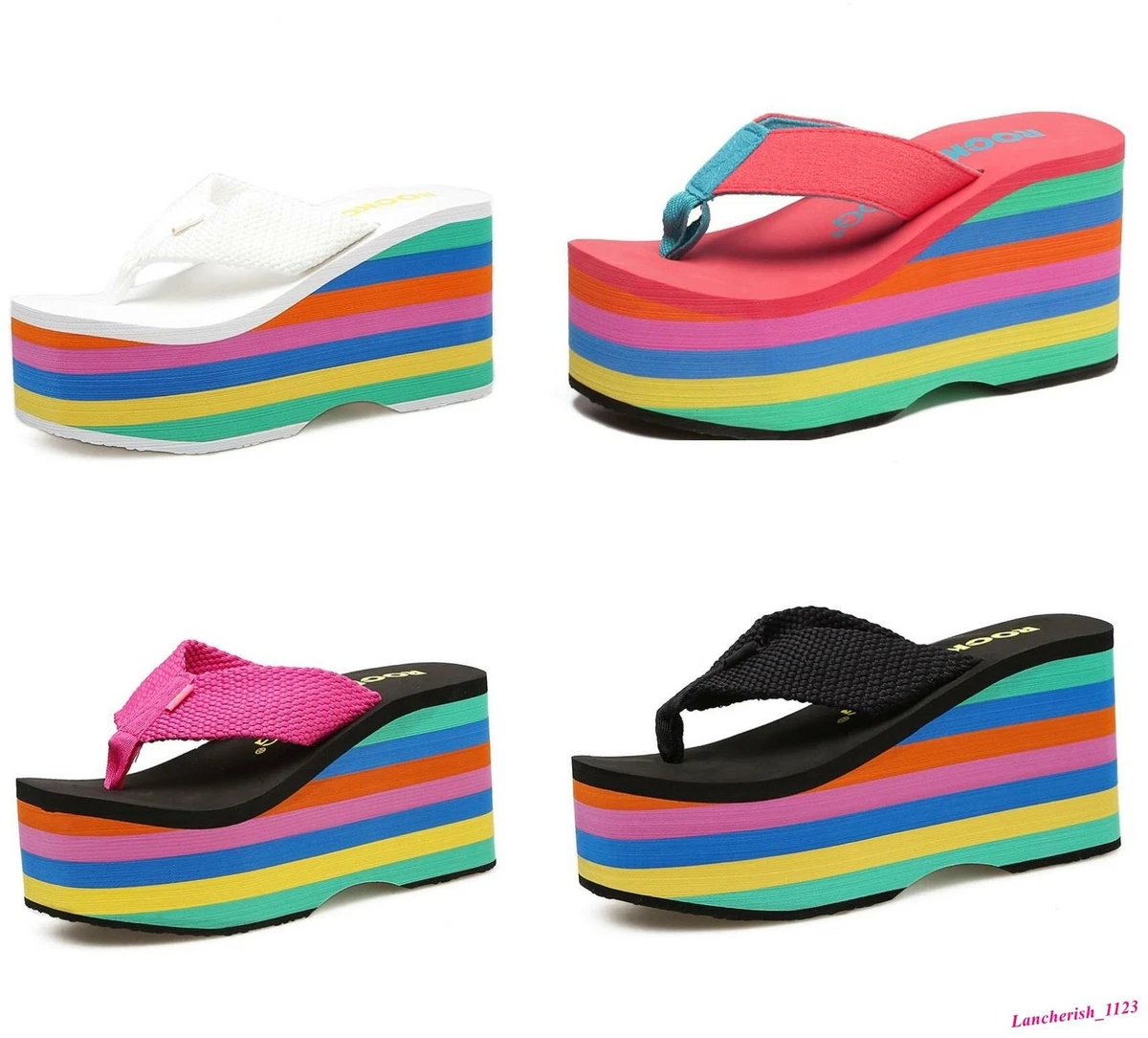 Rainbow Women s Flip Flop Thong Sandals Shoes Beach Wedge Heels Platform Fashion